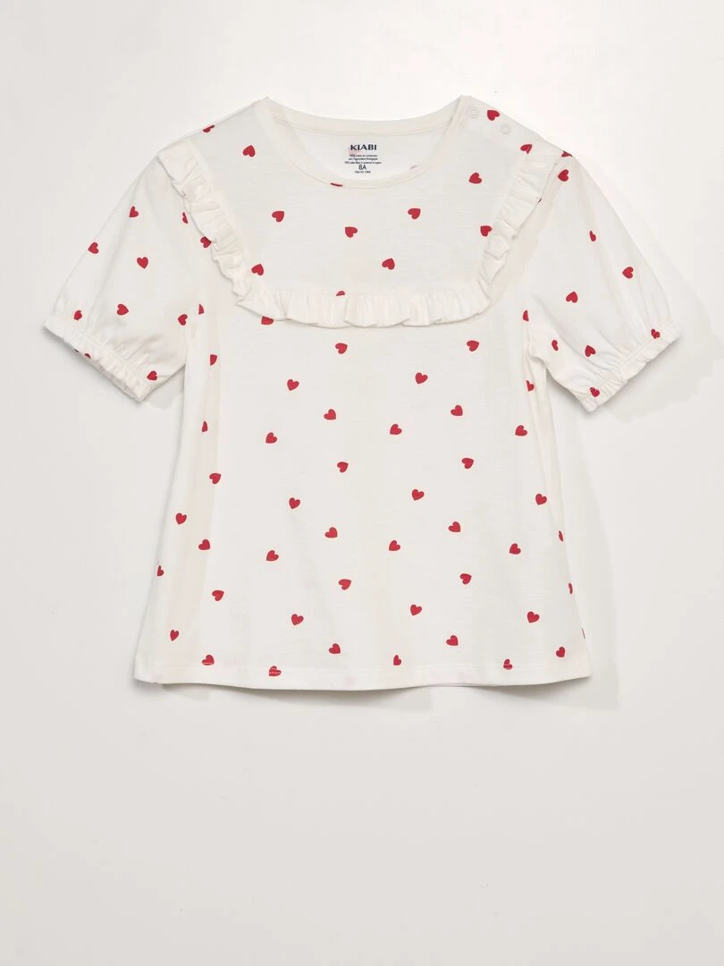 T shirt volanté à motifs 'cœurs'   So Easy   Blanc
