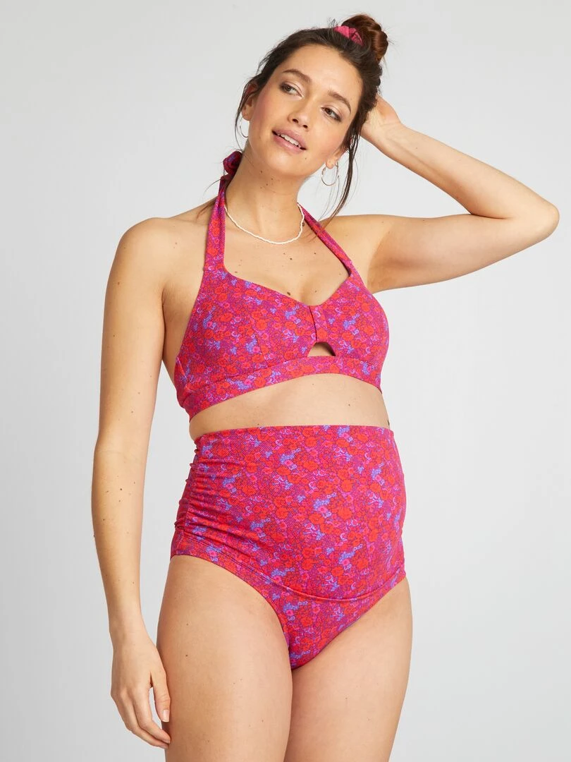 Culotte de bain maternité en nid d'abeille fleuri Rouge