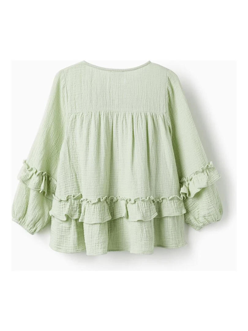 Chemise en mousseline de coton avec volants pour fille manches longues SICILIAN DAYS Vert clair