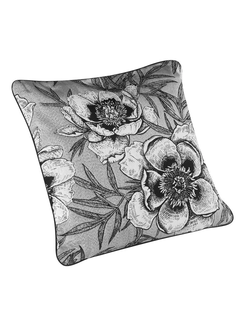 Coussin passepoilé aux impressions florales Gris perle