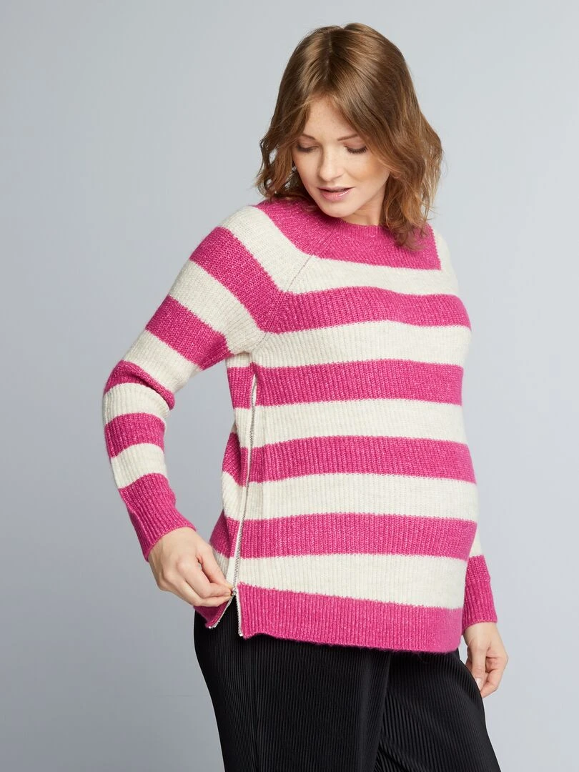 Pull grossesse en maille à rayures Rose/blanc