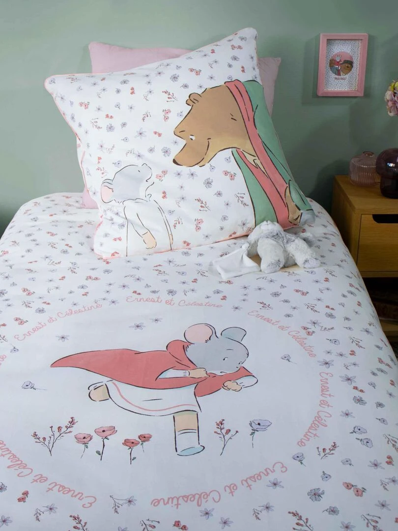Parure de lit imprimée 100% coton ERNEST ET CELESTINE JARDIN Blanc