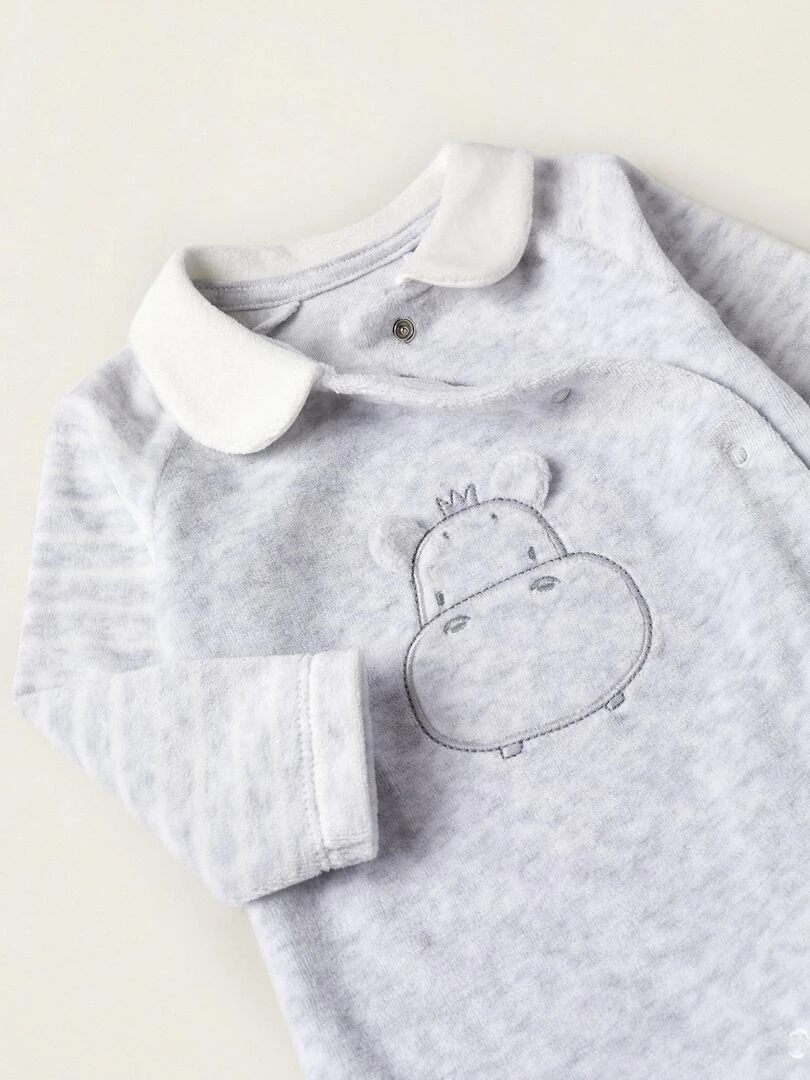 Grenouillère en velours avec oreilles pour nouveau né 'Hippopotame'  EARLY BLOOM   Gris clair