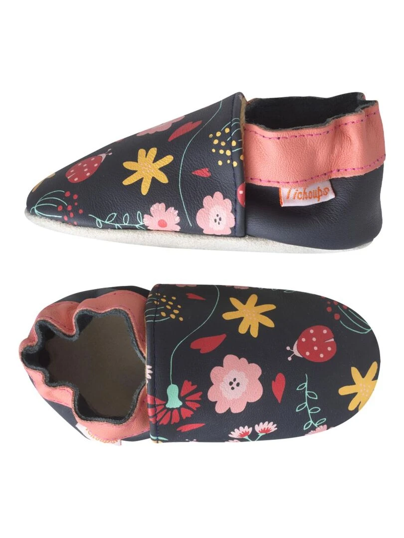 Chaussons bébé cuir souple Fanny les fleurs Rose