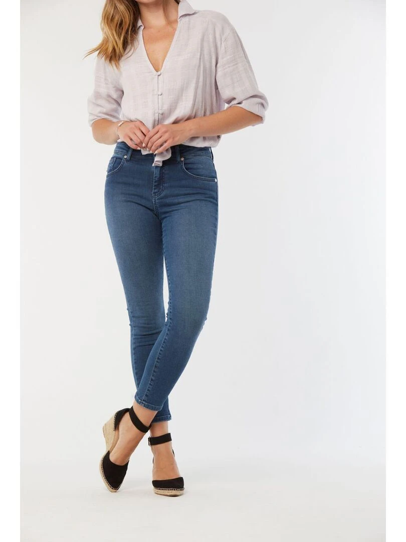 Pyjama long col rond femme Family   Gris Bleu