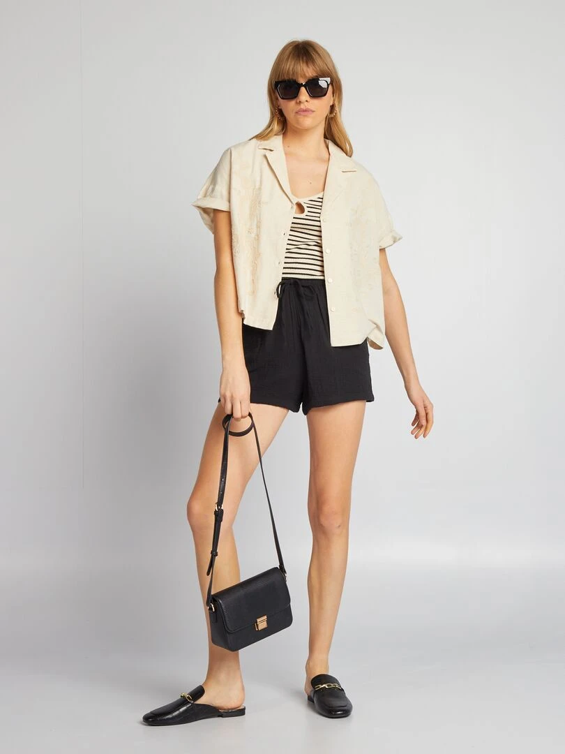 Short taille haute en double gaze de coton noir