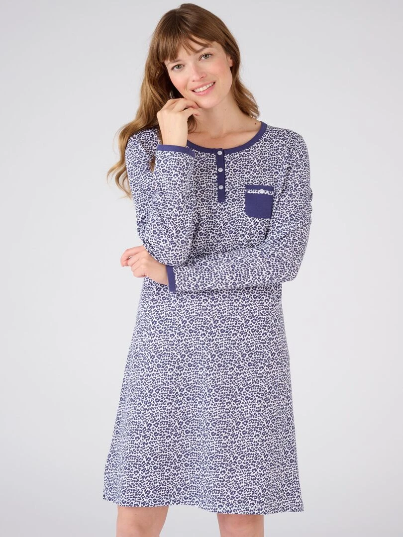 Chemise de nuit pur coton peigné manches longues Damart Bleu marine