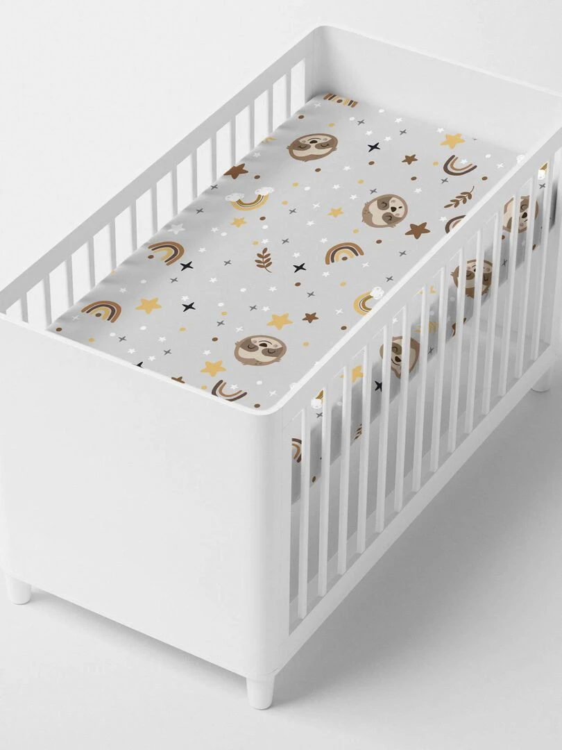 Drap housse Sleepy sloth Lit Bébé "Happyfriday"   Blanc