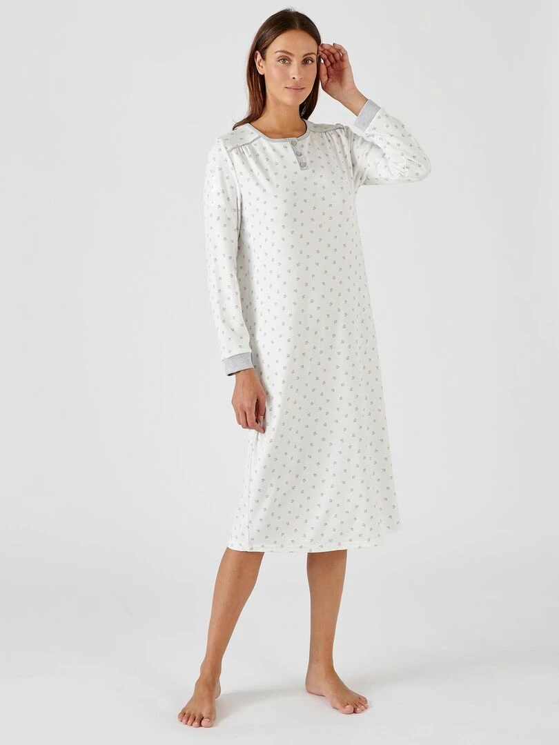 Chemise de nuit manches longues maille interlock Thermolactyl Damart Blanc Ecru