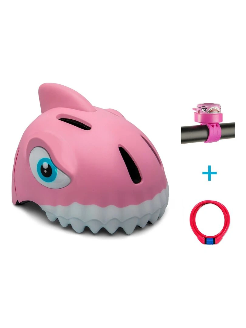 Set Crazy Safety casque de vélo pour enfants antivol et sonnette Requin rose Rose