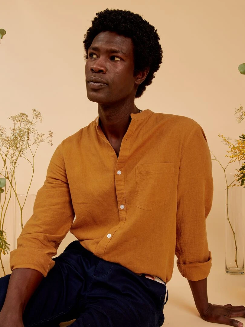 Chemise à col mao Marron