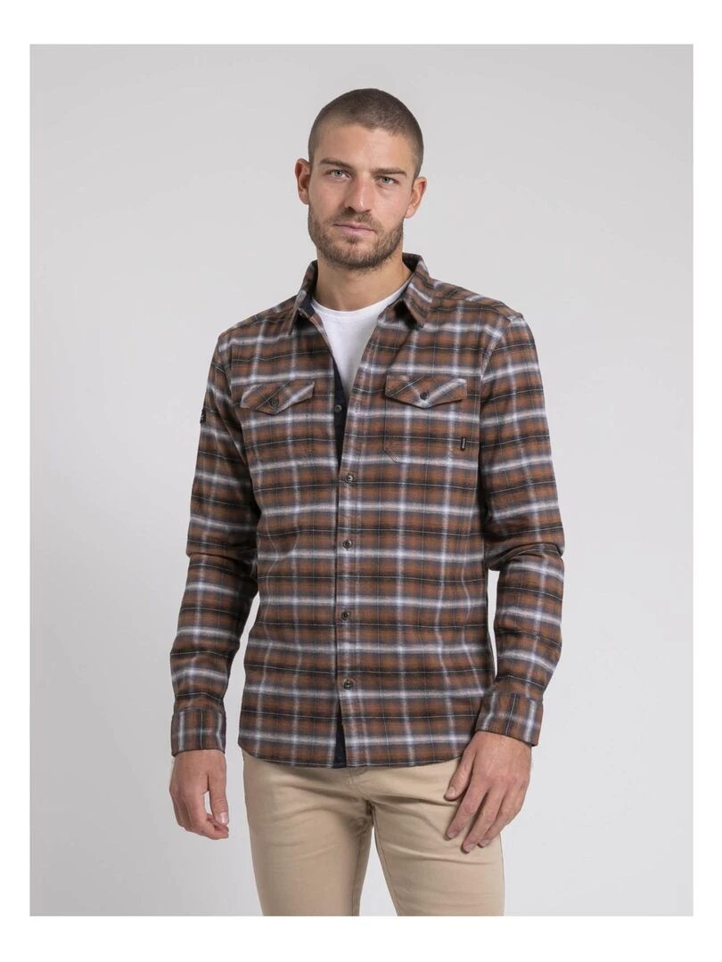 Chemise manches longues carreaux pur coton flanelle TOLTIVIO Marron caramel