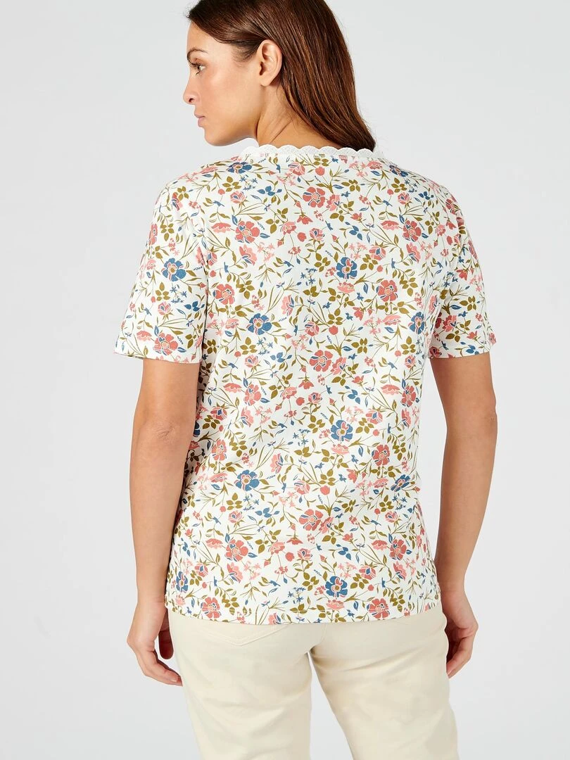 Tee shirt col rond fantaisie en pur coton.   Damart   Blanc