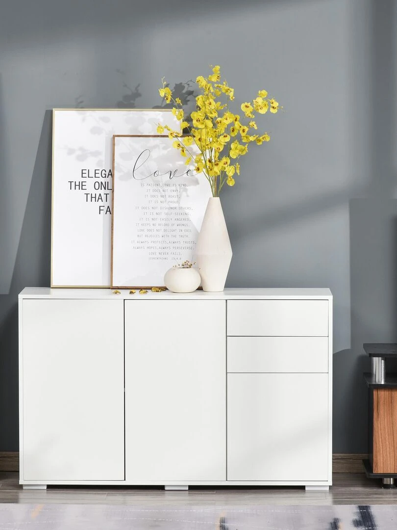 Commode buffet 2 tiroirs 3 portes 117 x 36 x 74 cm Blanc