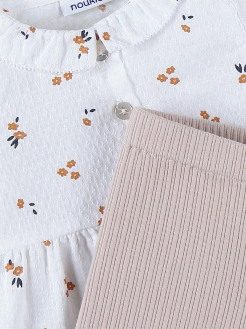 Set robe imprimé fleuri + legging en jersey côtelé  écru/sable   Noukie's   Blanc