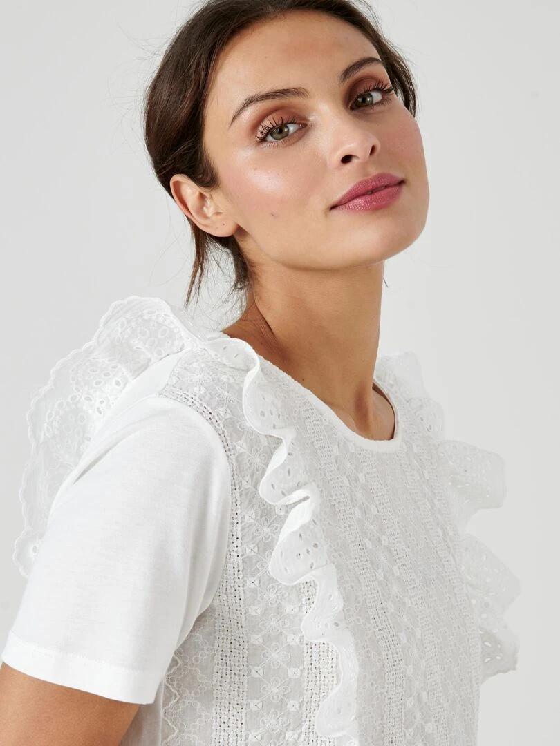 T shirt bi matière broderie anglaise Damart Blanc Ecru Blanc