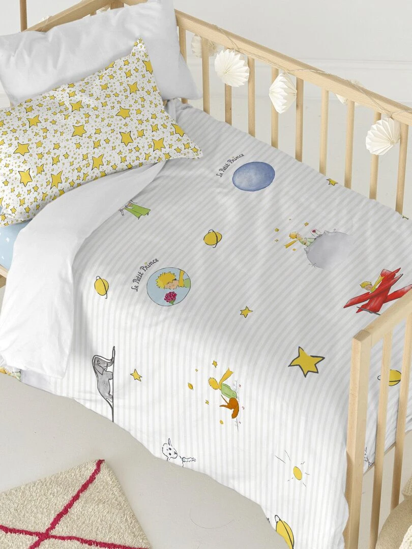 Parure housse de couette 2 pièces Son monde Lit Bébé "Happyfriday" Bleu Jaune Blanc