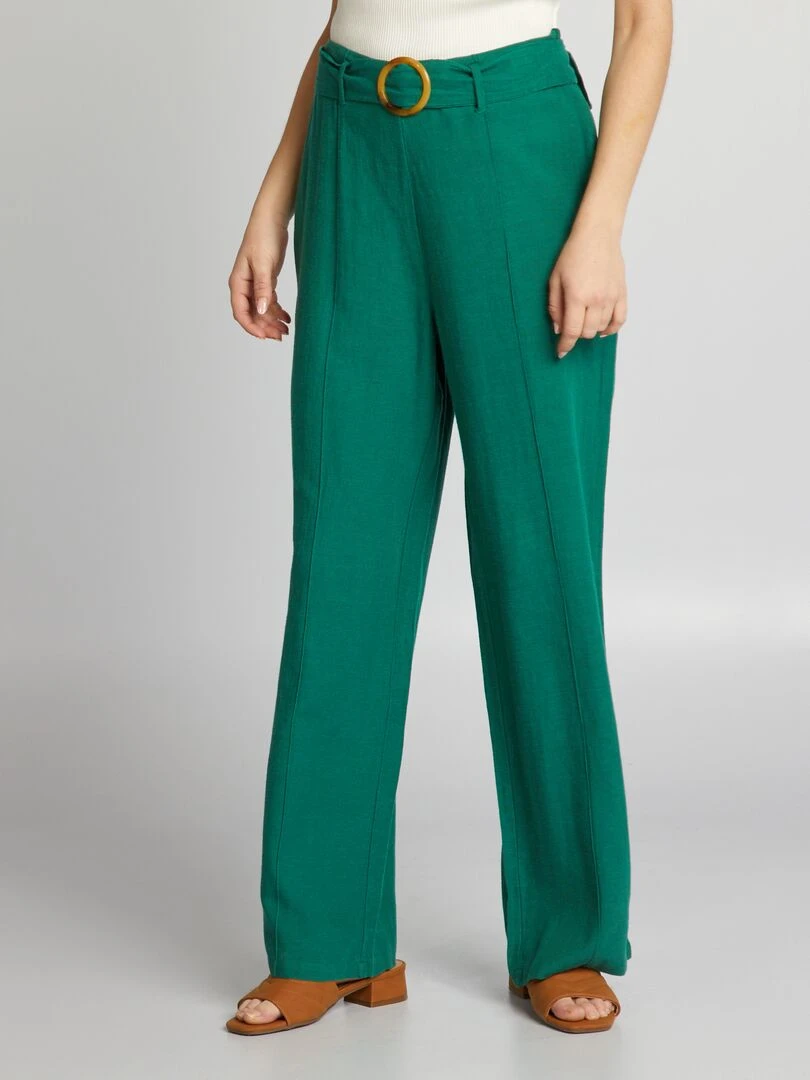 Pantalon large taille haute en lin Vert