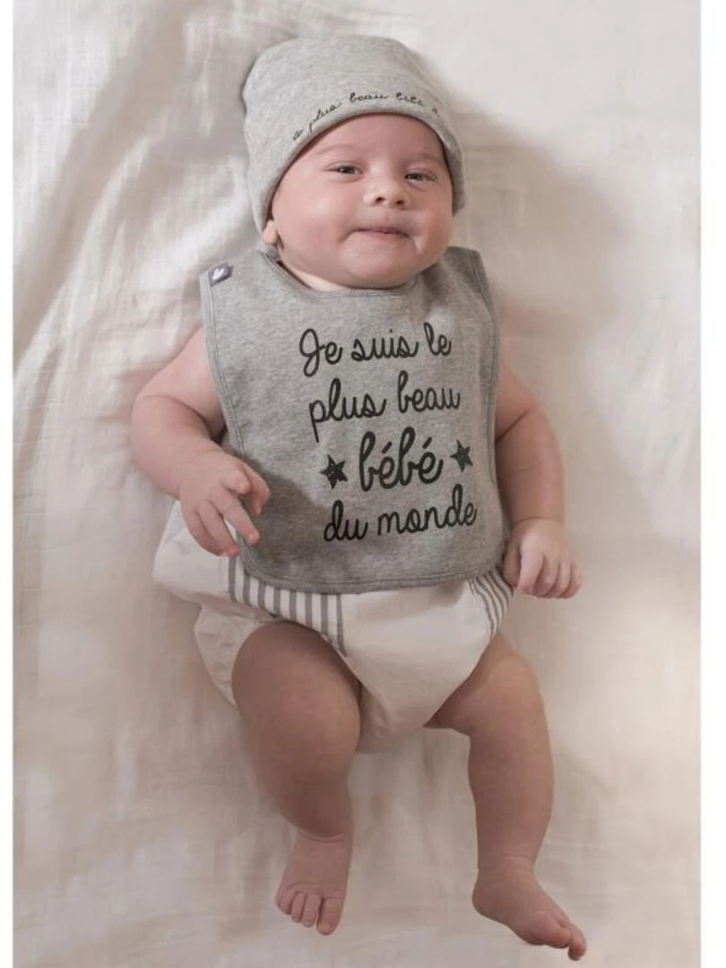 Bonnet naissance en coton Le plus beau bébé du monde Gris