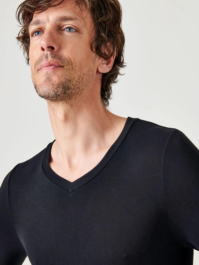 T shirt col V manches longues fine côte Thermolactyl Sensitive Damart Noir