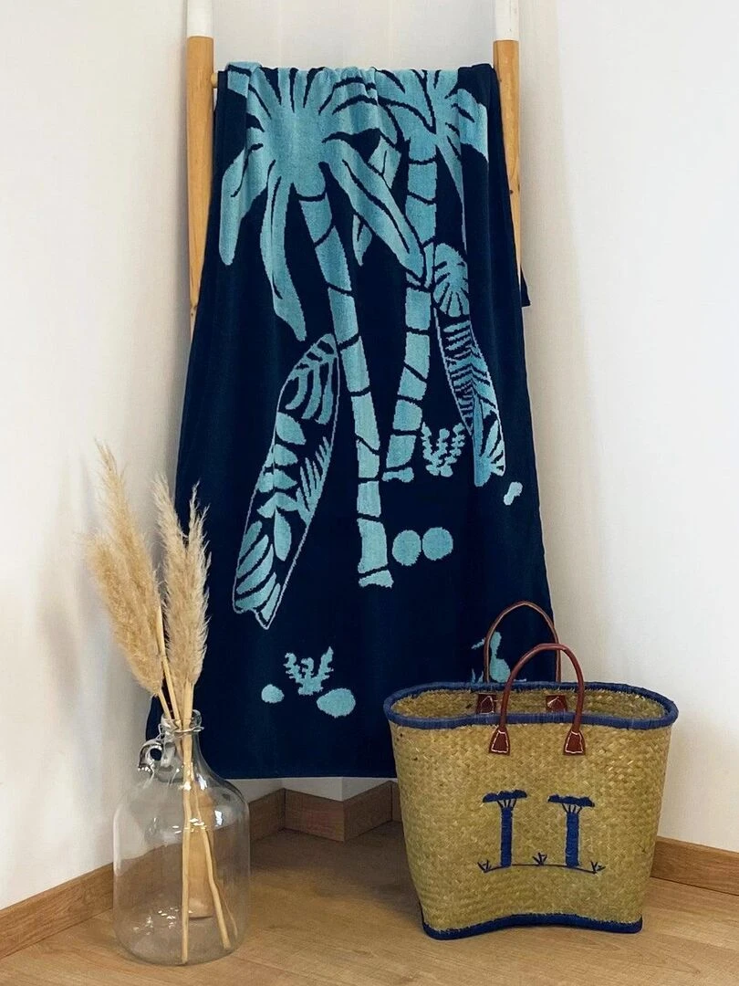 Serviette de plage éponge velours Jacquard Kisos 70x140 400g/m² Bleu marine