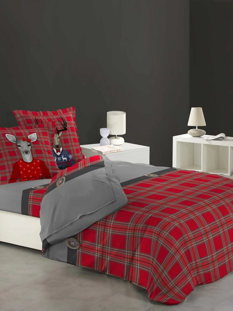 Parure de Drap + 2 taies d'oreiller Flanelle Familly Cerf Rouge