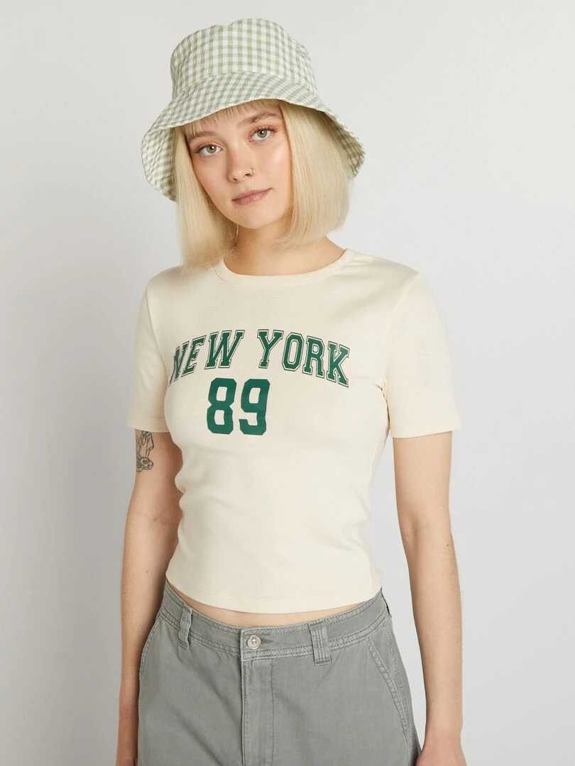 T shirt court avec imprimé université US Blanc