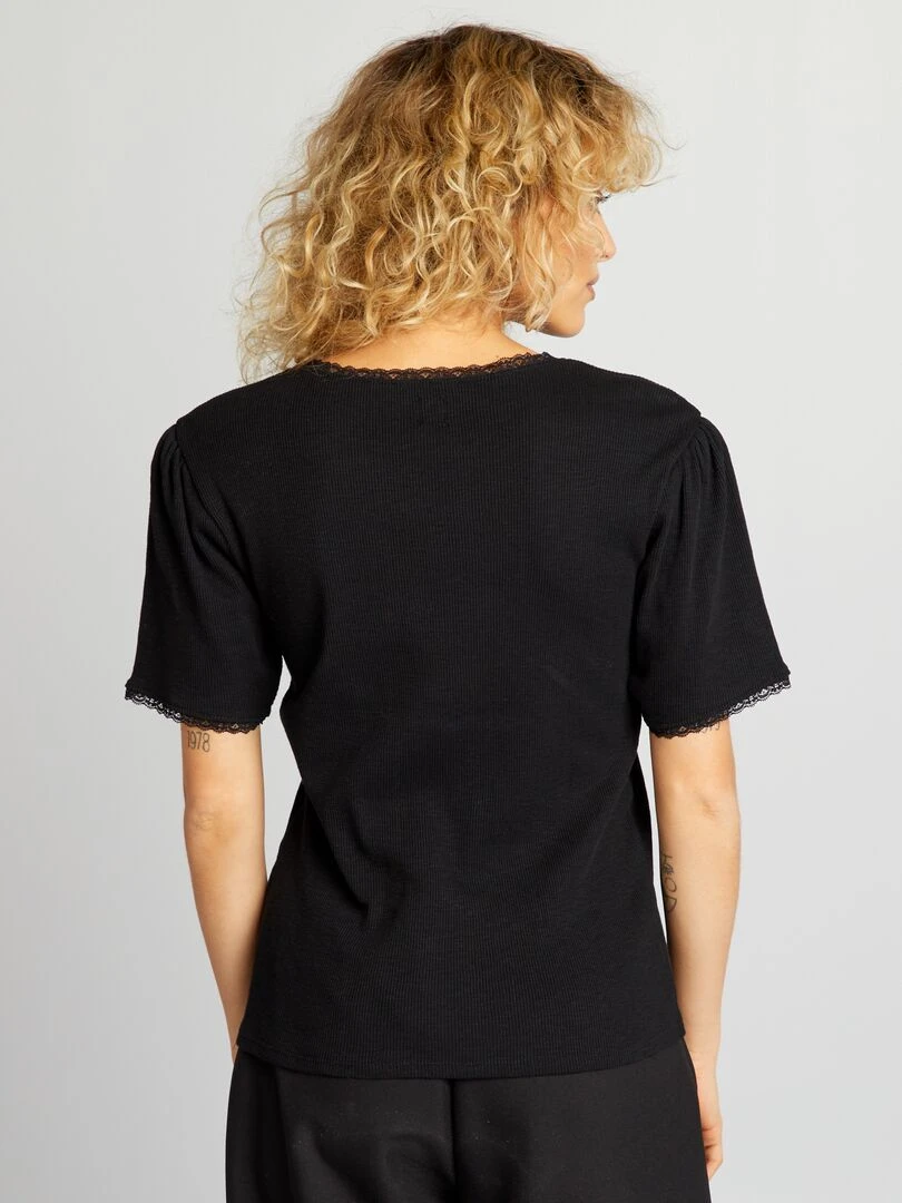 T shirt côtelé avec finition dentelle   noir