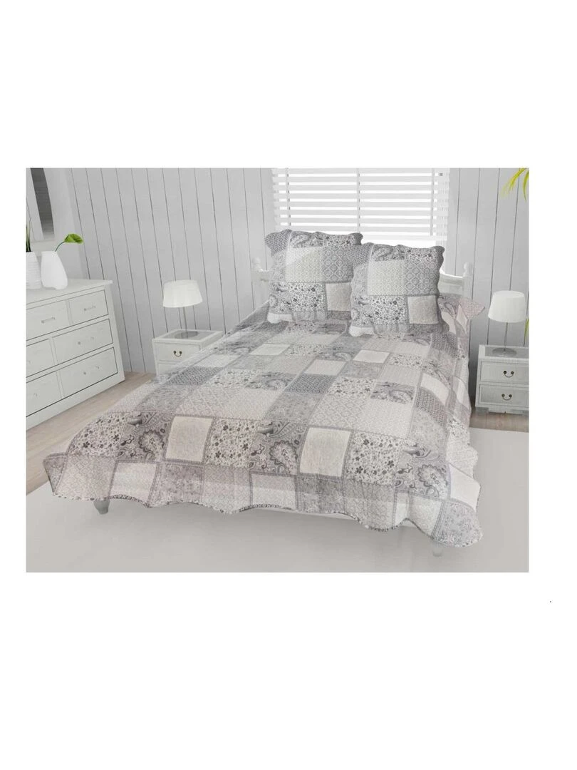 Couvre lit microfibre + taies effet patchwork Gris