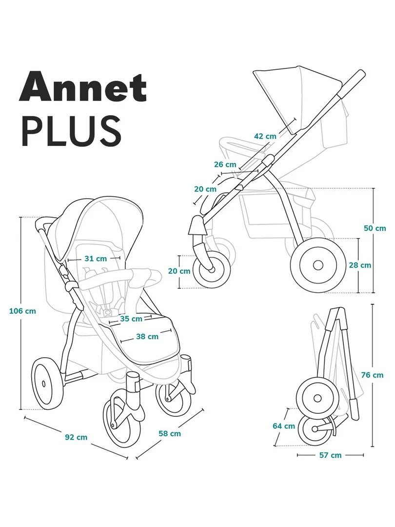 LIONELO Annet Plus   Poussette canne universelle   Jusqu'à 22 kg   Vert   Noir Vert Noir