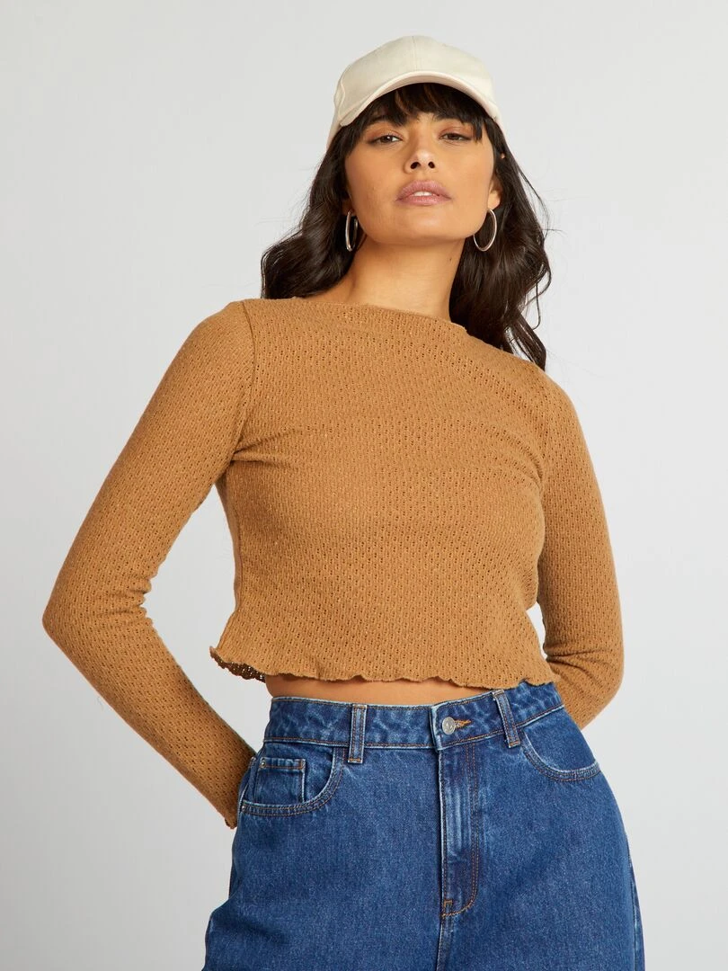 Tee shirt crop top ajouré   Marron