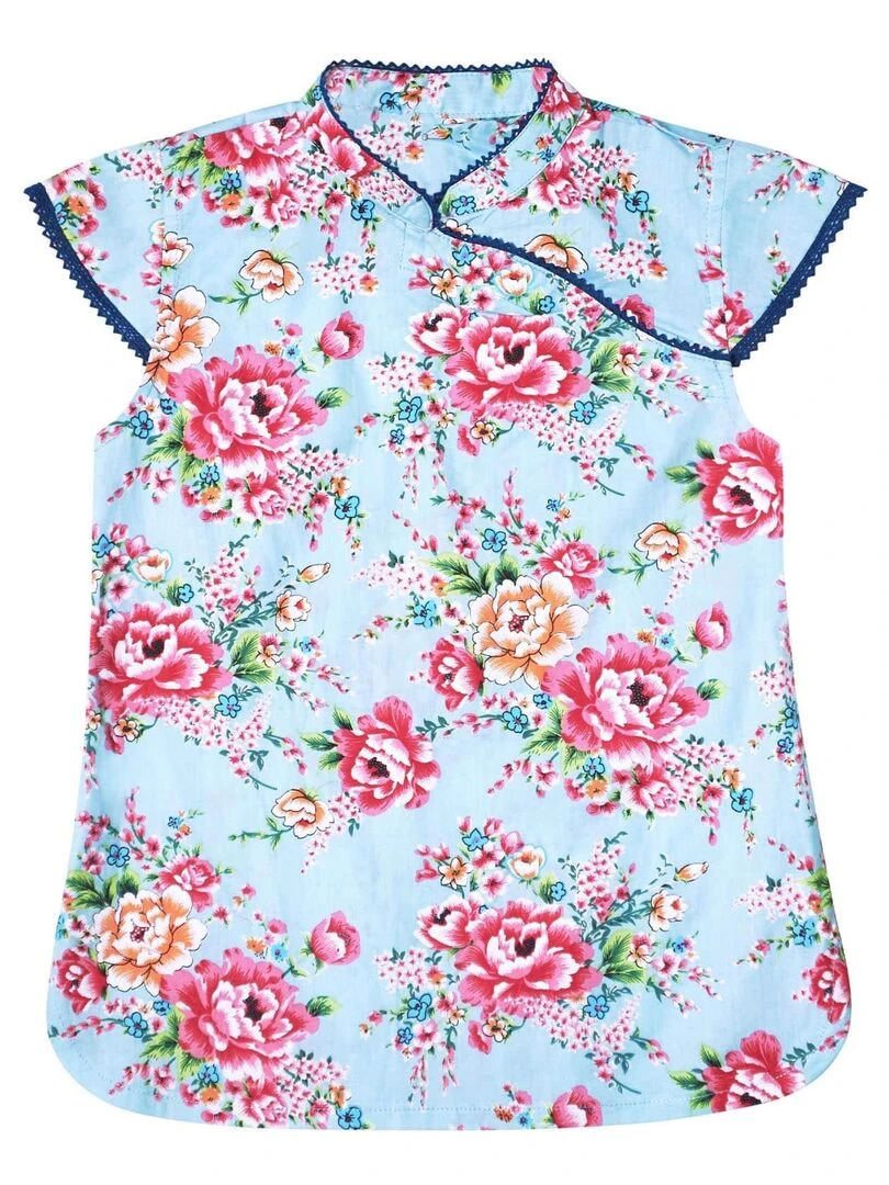 Blouse Chinoise Été Fille   Bleu Turquoise Rose  ANNAM   'LA FAUTE A VOLTAIRE'   Bleu turquoise