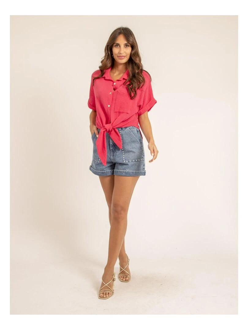 Chemise manches courtes gaze de coton ODETTE   Rose fushia