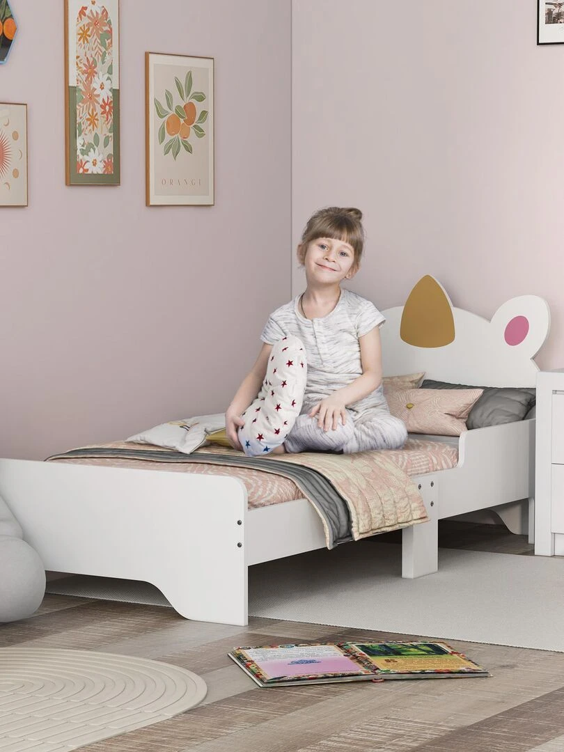 Lit enfant design licorne sommier à lattes inclus rose Blanc