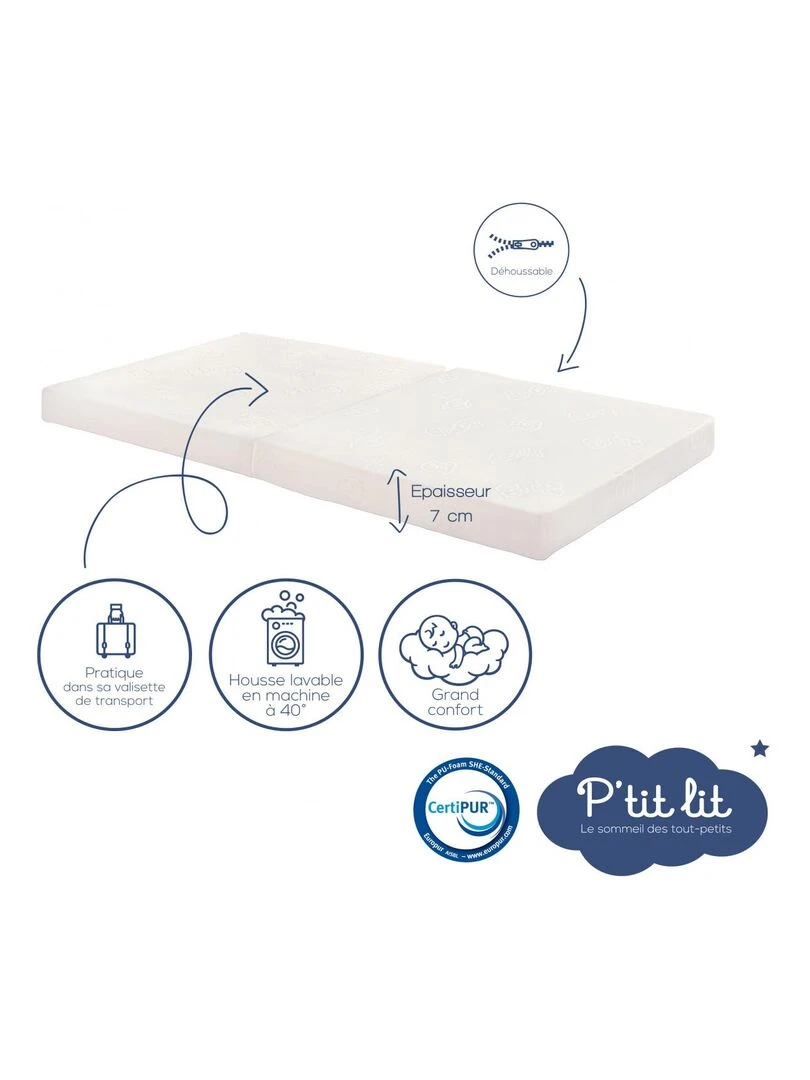Matelas pliant bébé 60x120x7 cm Matelas de voyage Déhoussable Fabrication française Blanc