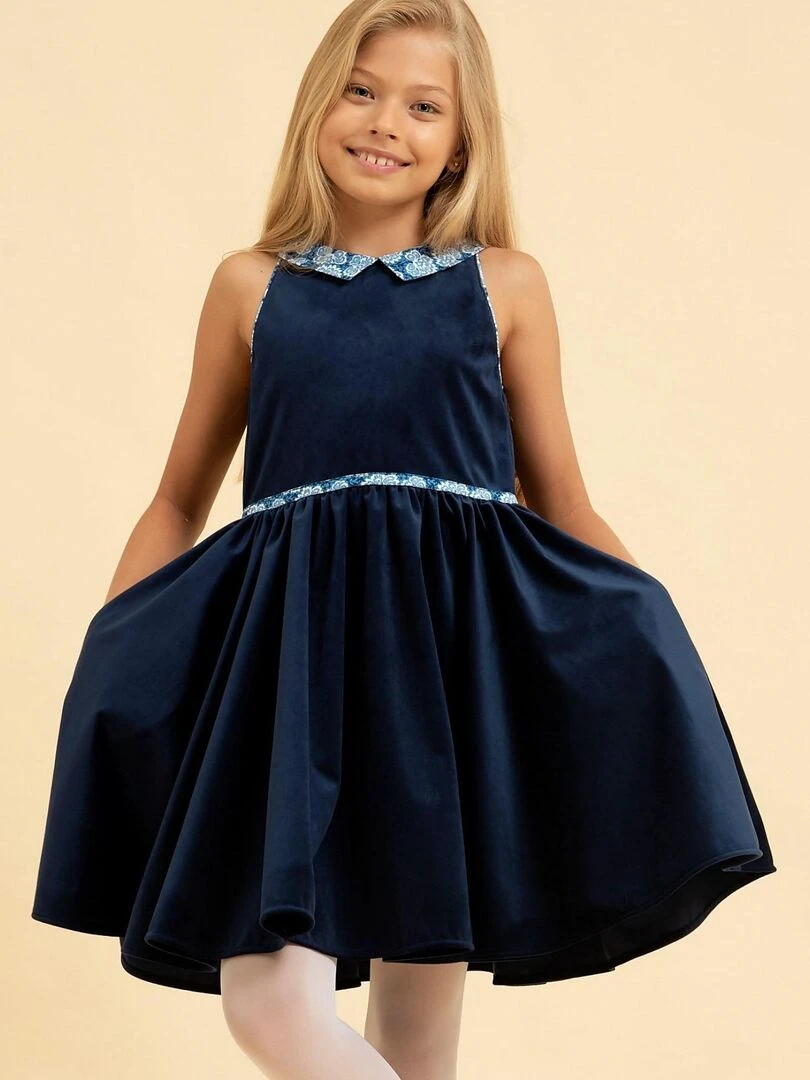 Robe Qui Tourne Fille Velours Bleu Marine Col Fleuri HEPBURN 'LA FAUTE A VOLTAIRE' Rouge