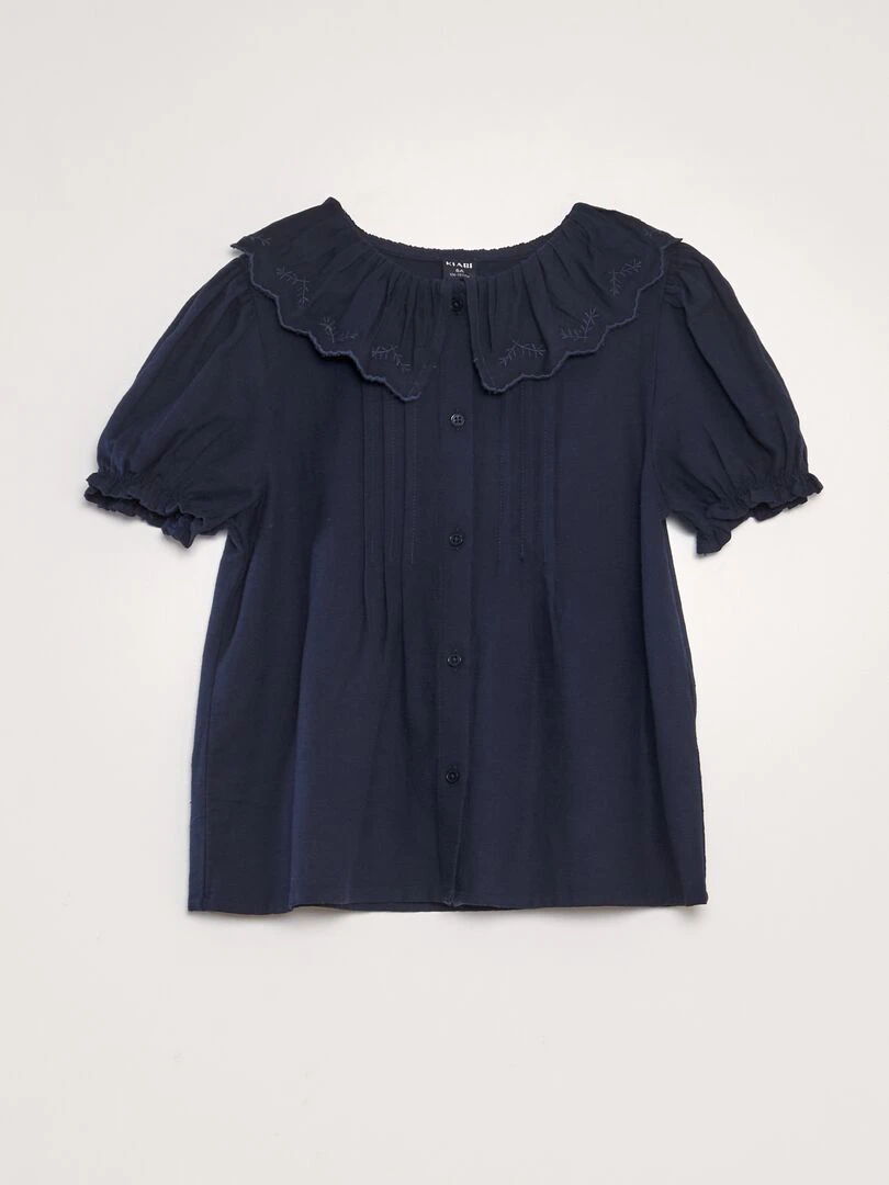 Chemisier en coton lin avec col claudine Bleu marine