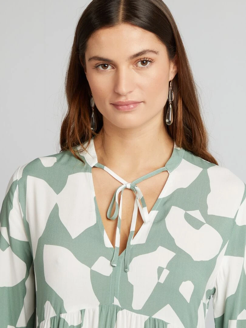 Robe midi imprimé col tunisien   Vert