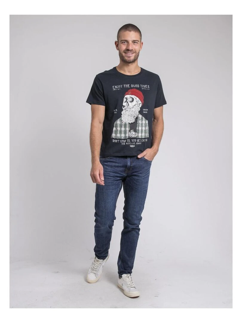 T shirt col rond pur coton JORUSTIX   Bleu marine