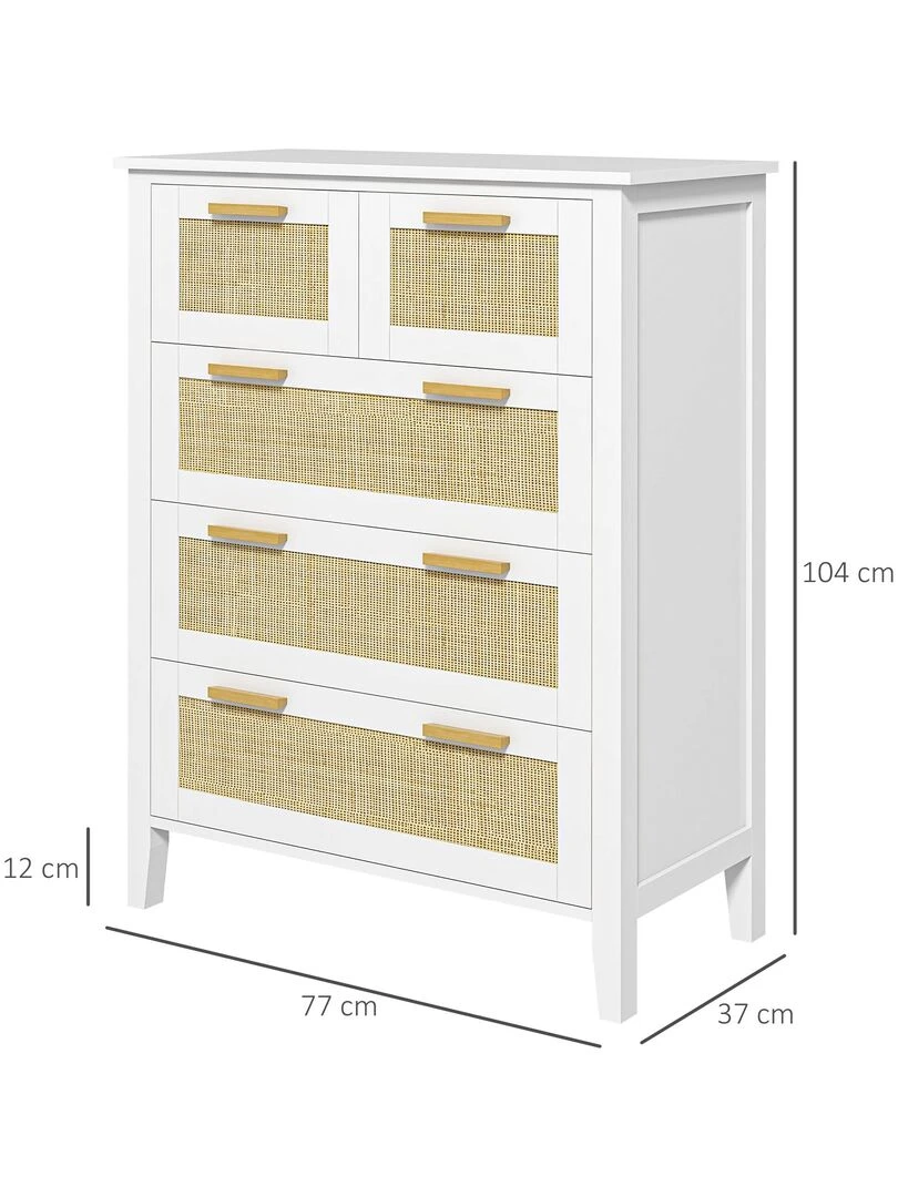 Commode 5 tiroirs cannage en rotin MDF blanc bois de pin   Blanc