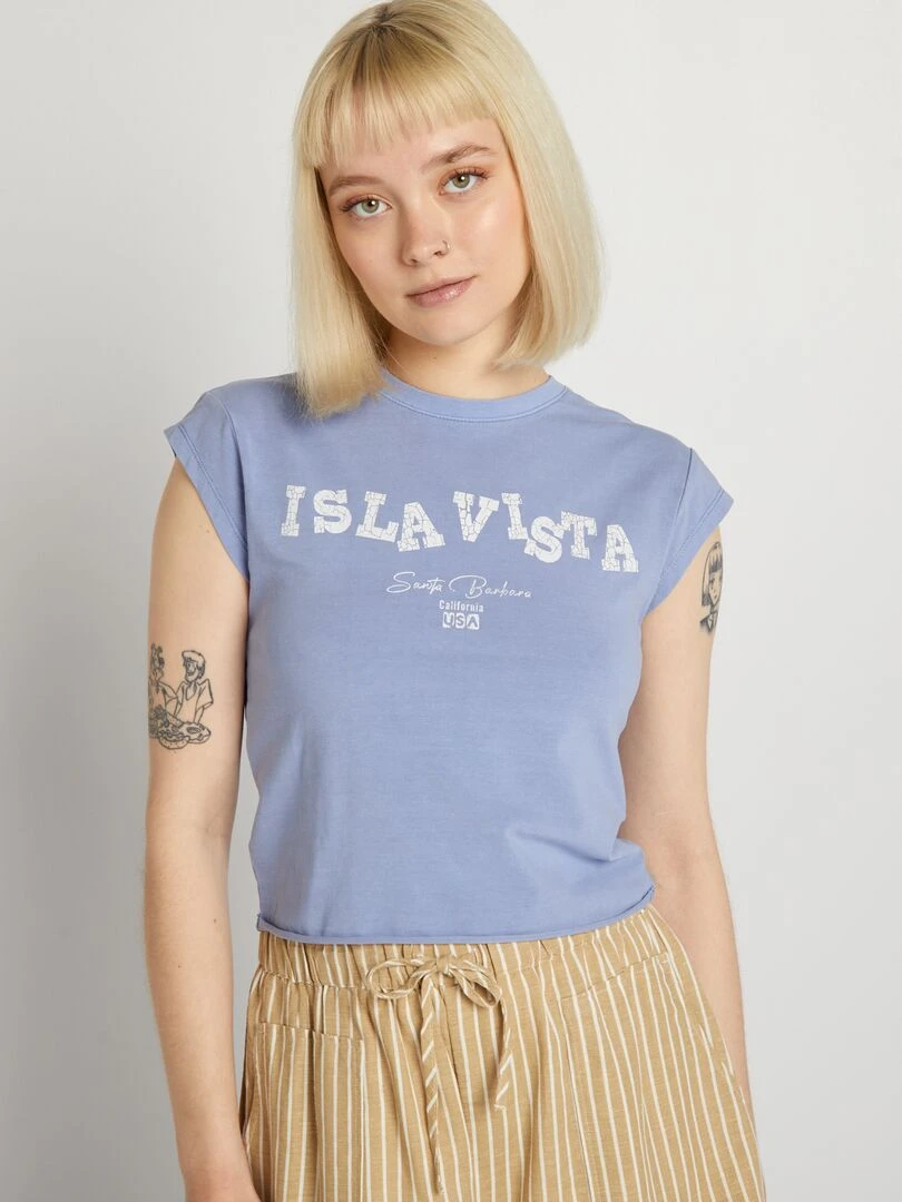 T shirt cropped stretch imprimé Bleu