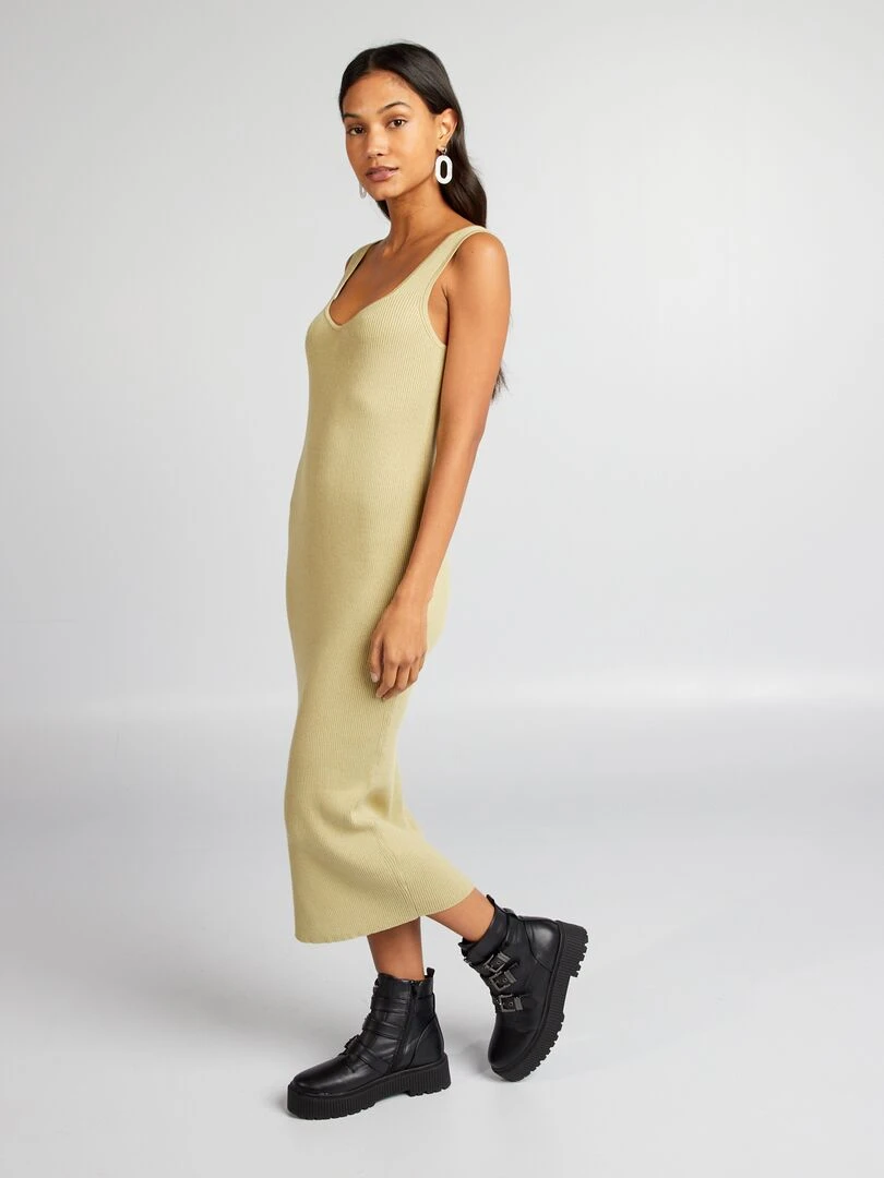 Robe tube midi en maille côtelée Kaki