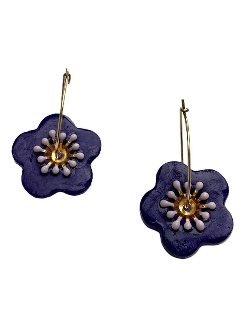 Boucles d'oreilles  créoles fleur violette en céramique   Modèle unique artisanal   Violet