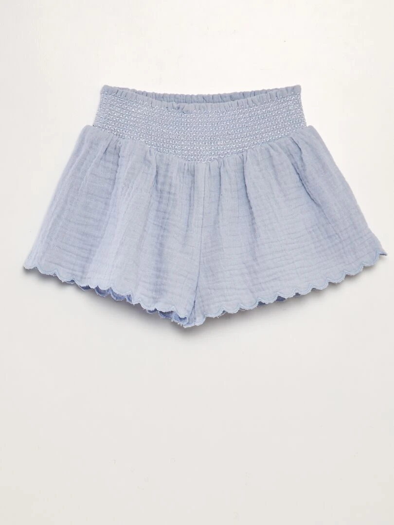 Short en gaze de coton avec taille smockée Bleu