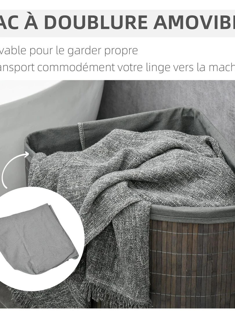 Panier à linge d'angle 55 L bambou housse tissu   Gris