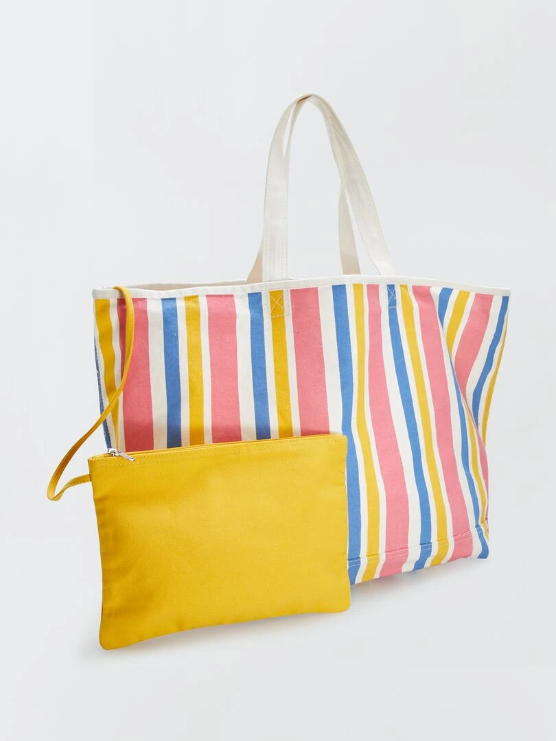 Sac cabas de plage + pochette Rose/jaune/bleu