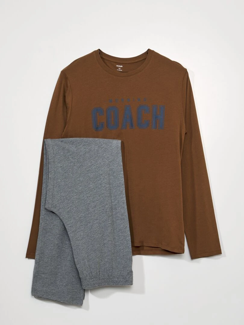 Pyjama long inscription 'morning coach' 2 pièces Marron/gris