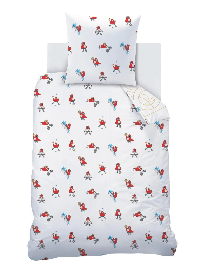 Parure de lit imprimée 100% coton  PARIS 2024 MASCOTTE OLYMPIQUE SPORT   Blanc