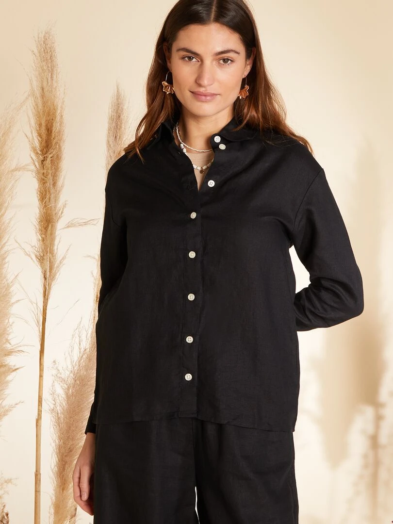 Chemise ample en lin à manches longues   noir