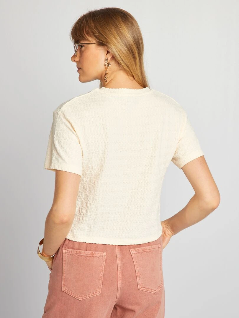 T shirt stretch en mailel gaufrée   Beige crème